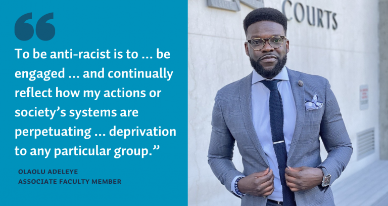 Left: Olaolu Adeleye standing in a suit outside the law courts buiding. Right: quote 